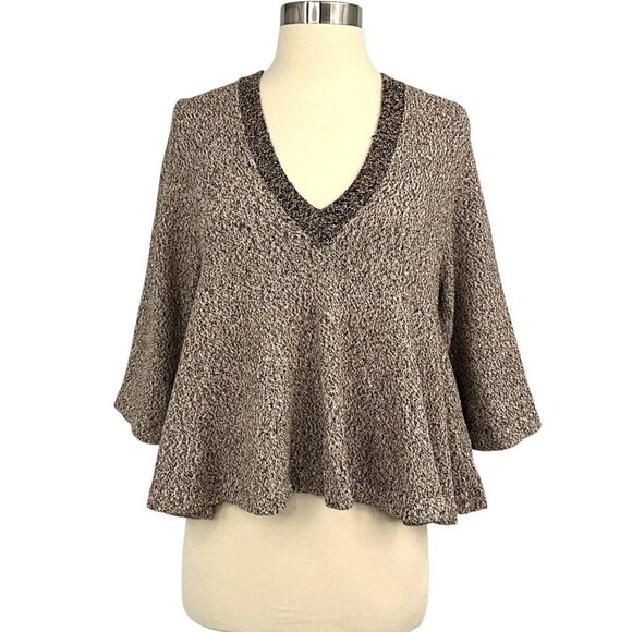 Apiece Apart V Neck Crop Sweater Brown Size M Knit Flounce Hem 3/4 Sleeve - Picture 1 of 8
